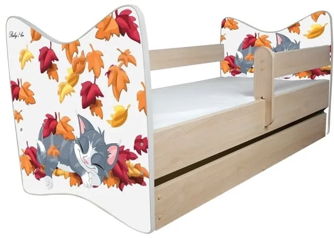 Detská posteľ  " Mačička v lístí " deluxe, Rozmer 140x70 cm, Farba dub jasný, Matrace penový vrstvený 10 cm