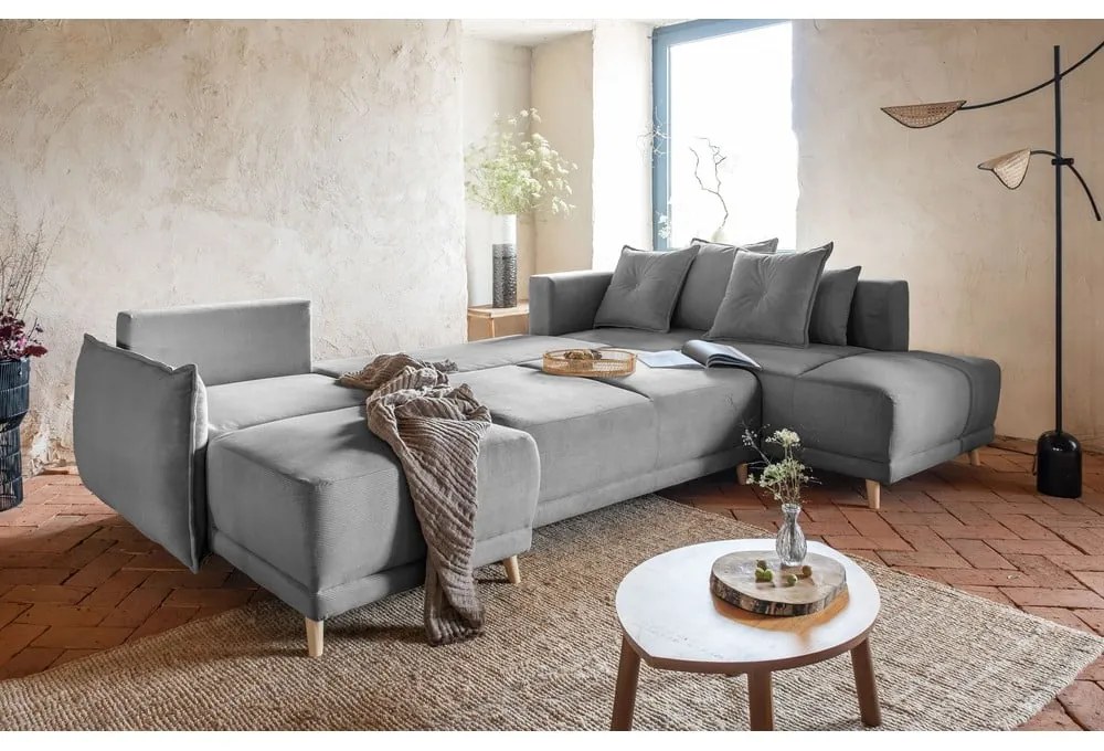 Sivá menčestrová rozkladacia rohová pohovka (pravý roh/do "U") Lazy Lukka – Miuform