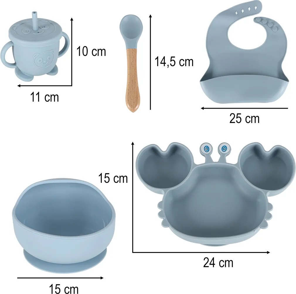 KIK Baby Crab silikónová sada detského riadu, 9 ks, modrá