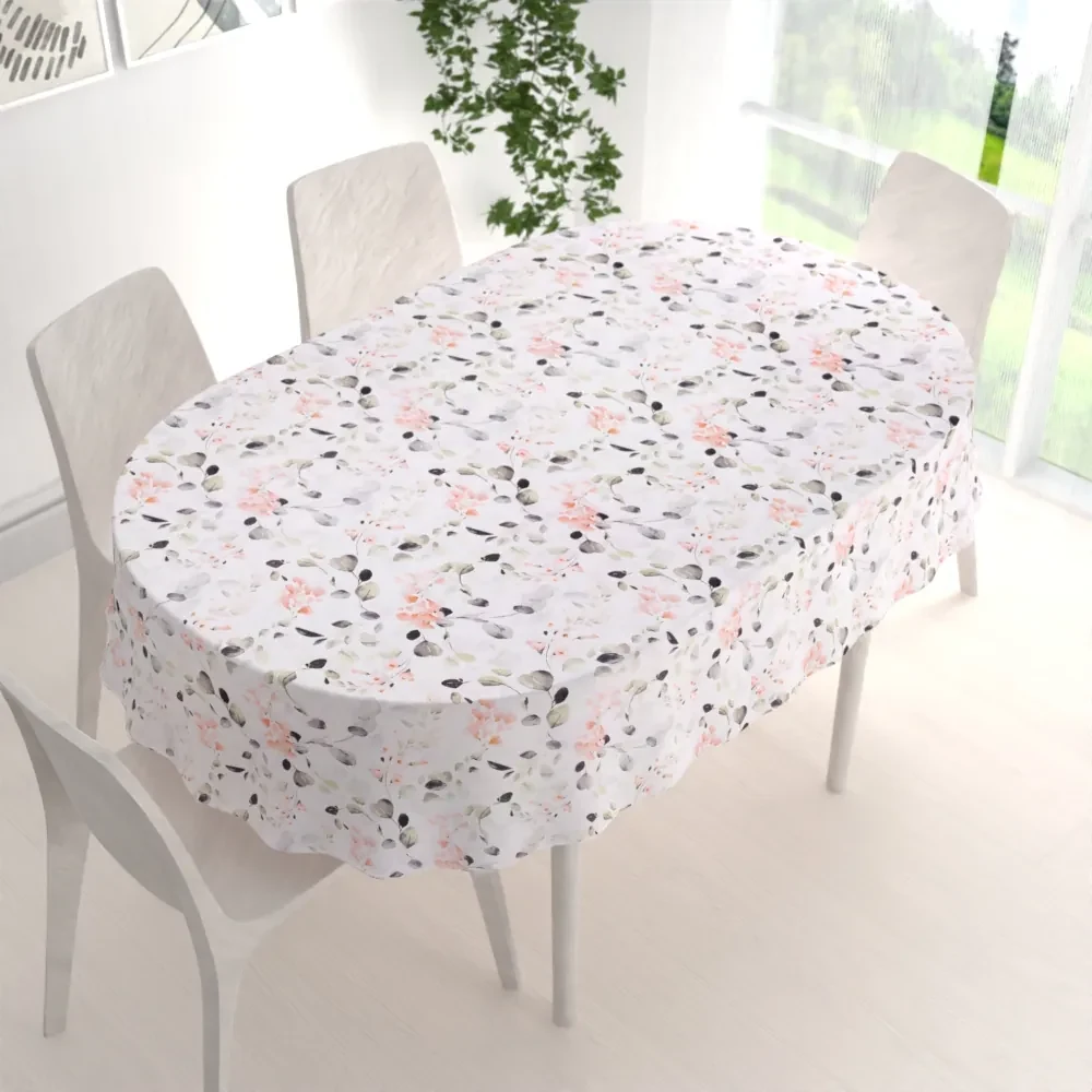 Biante Bavlnený oválny obrus Sandra SA-288 Eukalyptus s ružovými kvetmi na bielom 120x200 cm