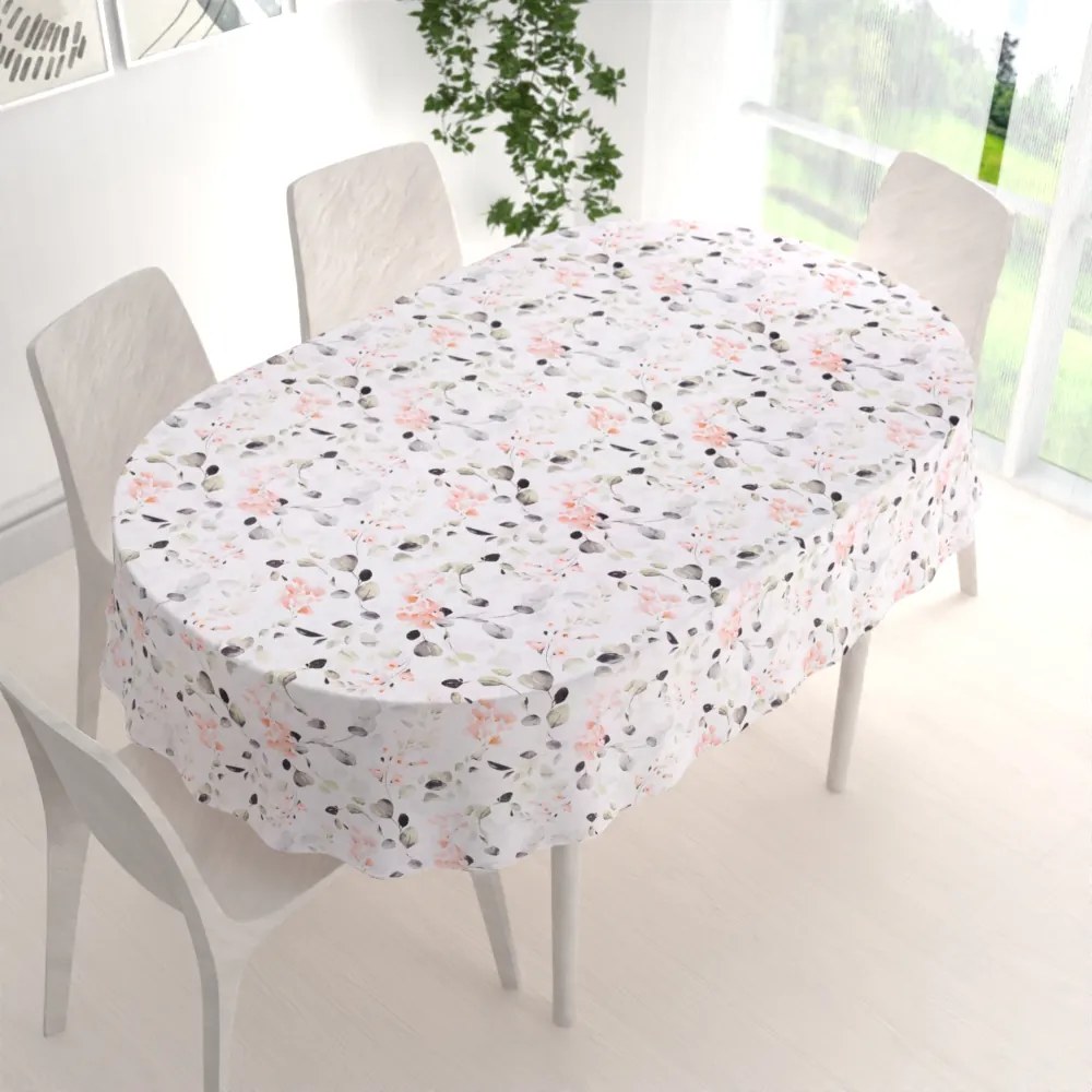 Biante Bavlnený oválny obrus Sandra SA-288 Eukalyptus s ružovými kvetmi na bielom 140x200 cm