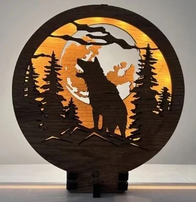 Drevená lampička na nočný stolík Vlk