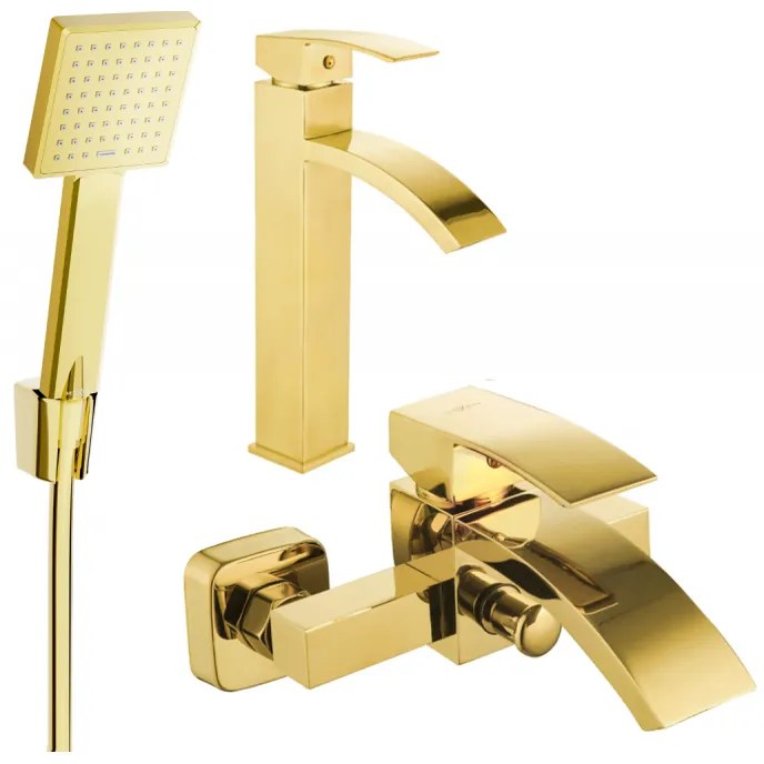 Mexen Libra R45 vysoká umývadlová a vaňová batéria so sprchovou sadou, zlatá, 745113R45-50