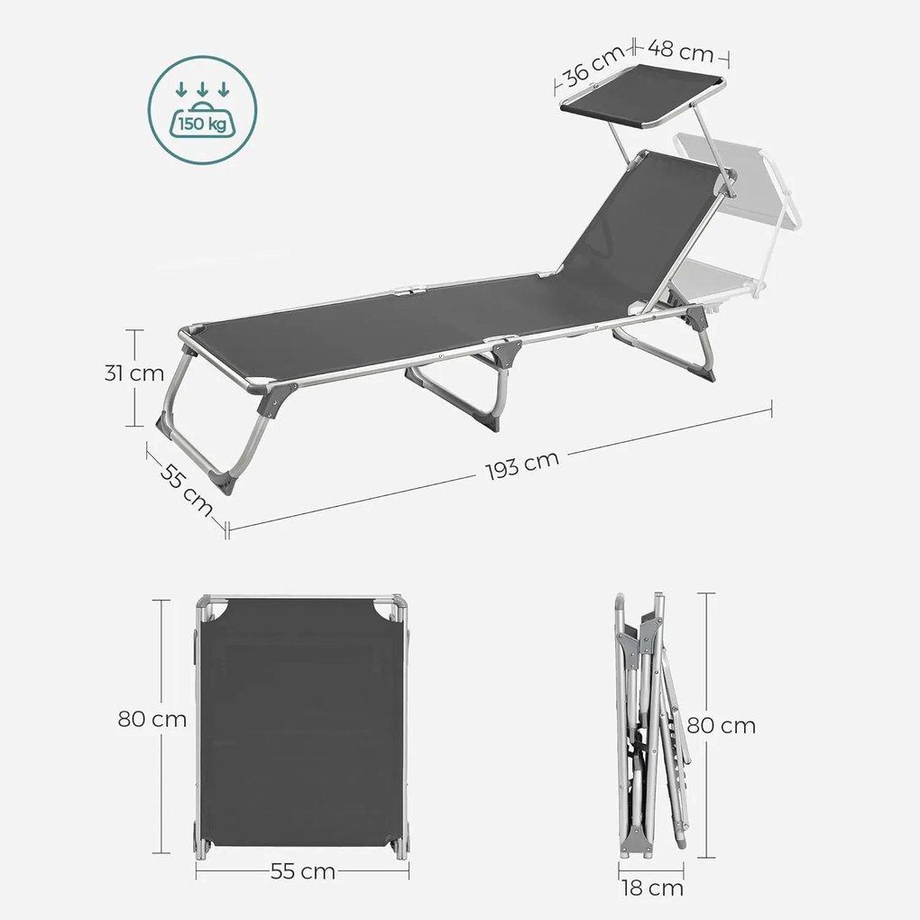 Lehátko, polohovateľné kreslo so slnečníkom, dymovo sivá farba