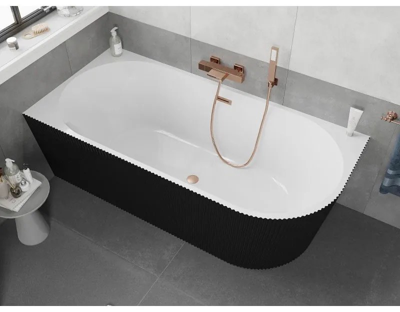 Mexen Silo, rohová voľne stojaca ryhovaná vaňa, ľavá, 150 x 75 cm, biela-čierna, medený matný prepad, 52891507575L-65