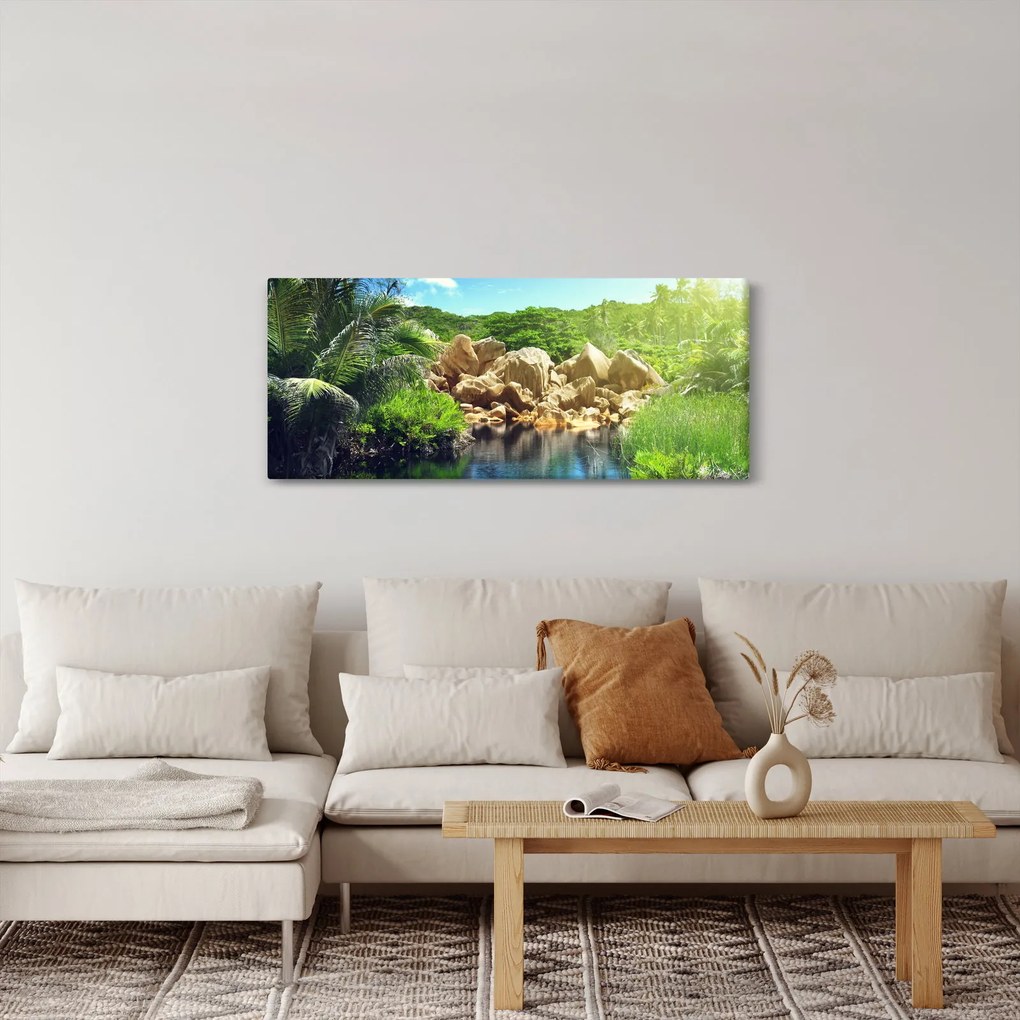 Obraz jazera v Seychelskej džungli (120x50 cm)