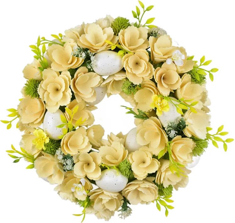 Jarný veniec s drevenými kvetmi a vajíčkami 30 cm