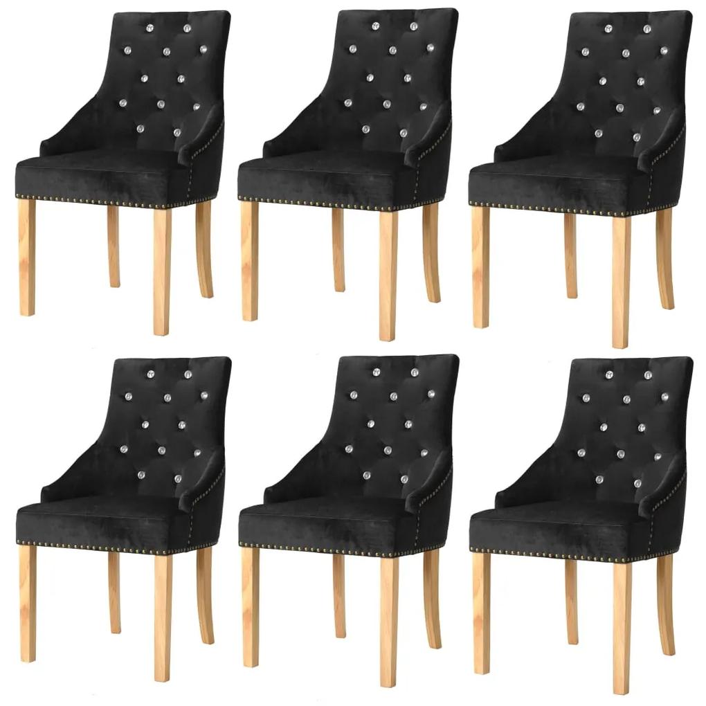 vidaXL Jedálenské stoličky 6 ks, čierne, dubový masív a zamat