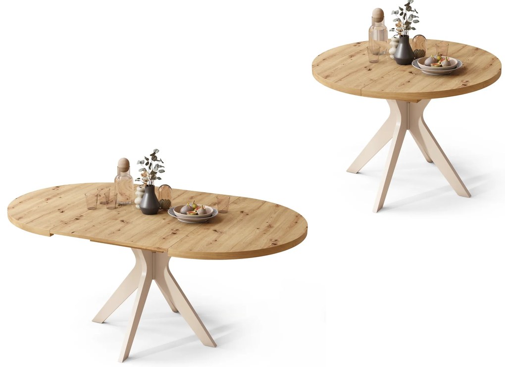 RENZO Dub Artisan/béžová noha (šampanské) - OKRÚHLY STÔL Ø110 ROZKLADACÍ DO 180 cm | DO KUCHYNE JEDÁLNE OBÝVAČKY RETRO