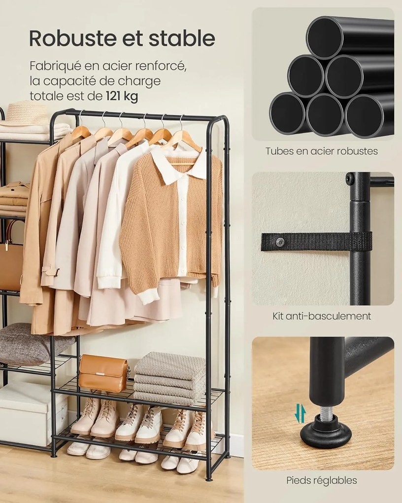 Kovový vešiak na oblečenie s tyčou a policami, matná čierna