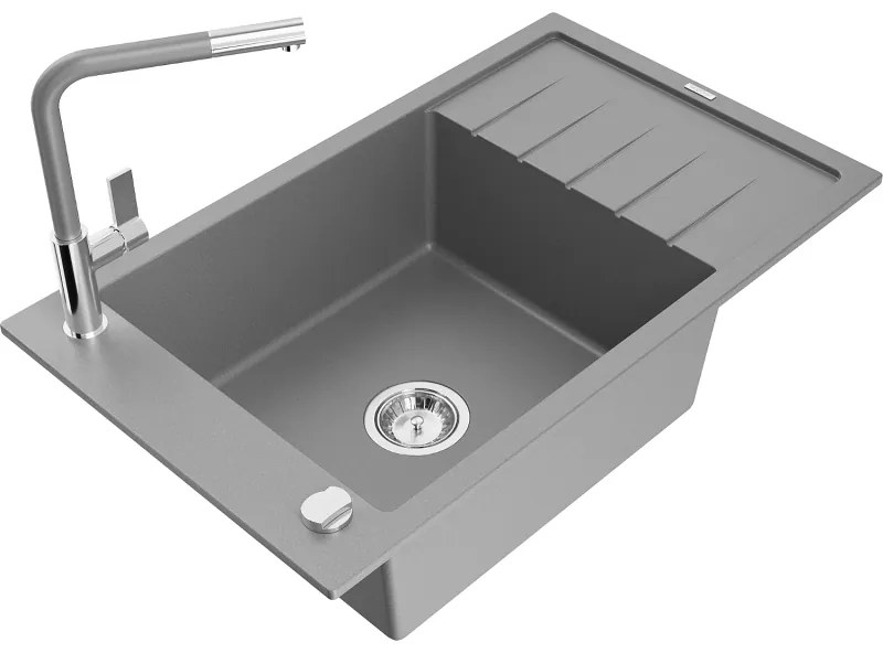 Mexen Elias, 1-komorový granitový drez 795x480x200 mm a drezová batéria Flora, šedá, 6511-71-670401-06