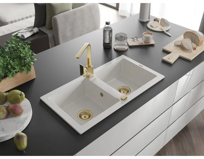 Mexen Mario, granitový drez 820x436x161 mm, 2-komorový, biela so zlatým sifónom a zlatá drezová batéria Rita, 6504-20-670300-50