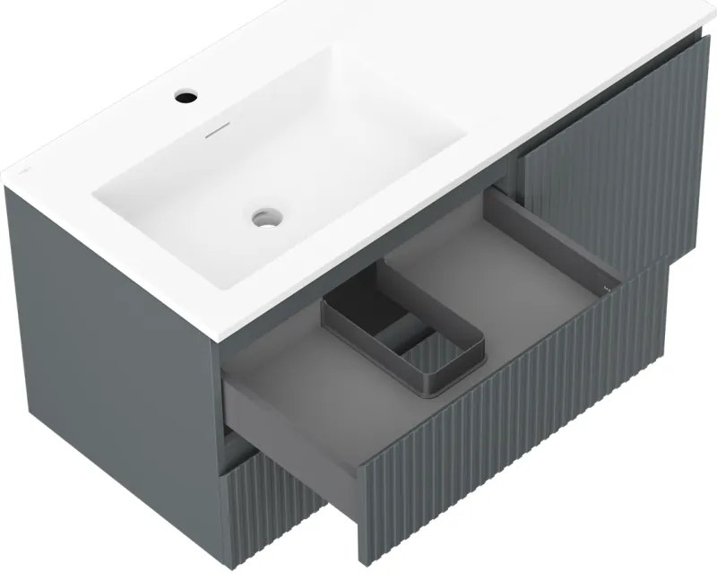 Mexen Rivel, kúpeľňová skrinka 100 cm s ľavým umývadlom Otis, 2S, 1D, drážkovaná, grafitová/biela matná, 91A23-10047-3-BBFFF66-W18L01