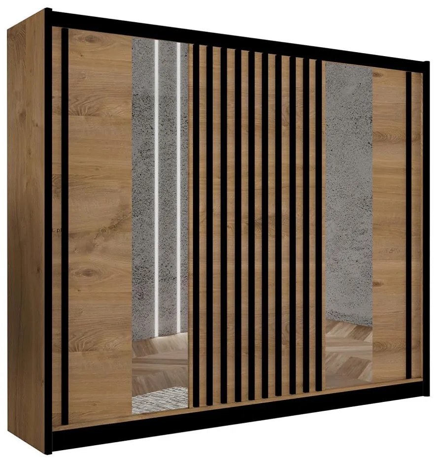 Šatníková skriňa so zrkadlom SANTINO 250x215 cm dub craft/čierna