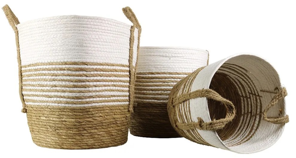 Jutový bielo hnedý pletený košík s ušami - 28 * 20 * 27 cm