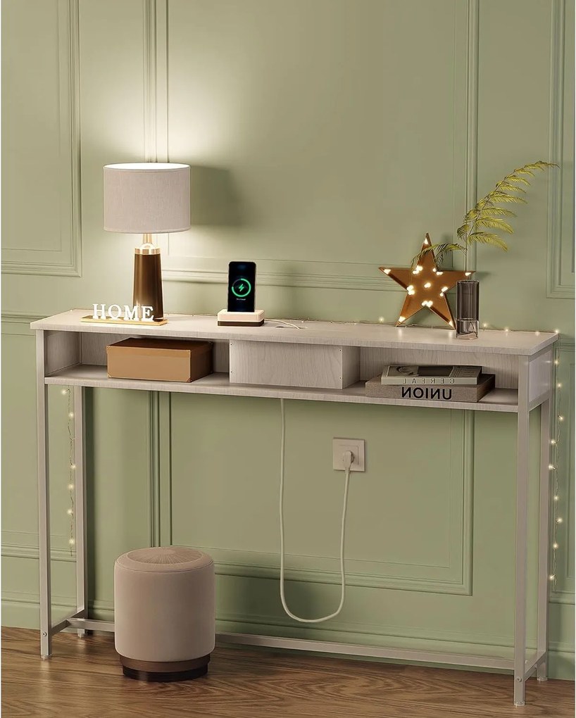 Konzolový stolík so zásuvkami, úzky príručný stolík s 2 priehradkami, 25 x 120 x 81 cm, biely