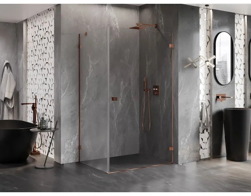 Mexen Lunar-B, pravostranný výklopný sprchový kút 85 x 70 cm, 8mm číre sklo, profil ružové zlato, 832-085-070-60-00-P