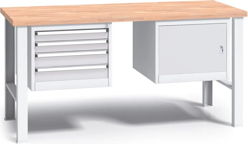 Pracovný stôl do dielne G3 so závesným boxom a skrinkou na náradie, buková škárovka, 4 zásuvky, pevné kovové nohy, 1700 mm, sivá