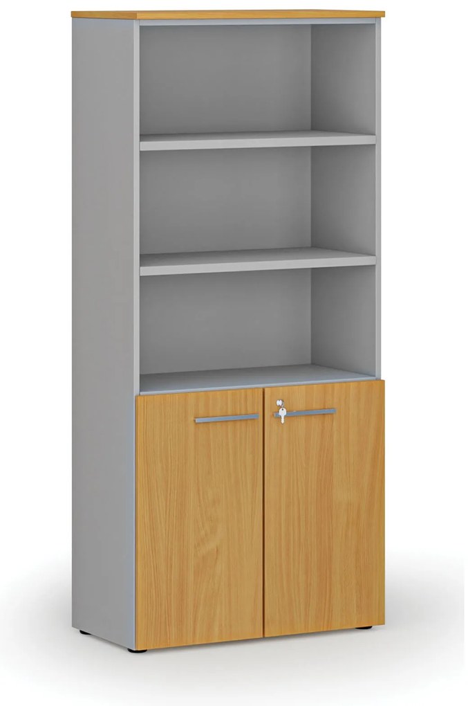 Kombinovaná kancelárska skriňa PRIMO GRAY, dvere na 2 poschodia, 800 x 420 x 1781 mm, sivá/buk