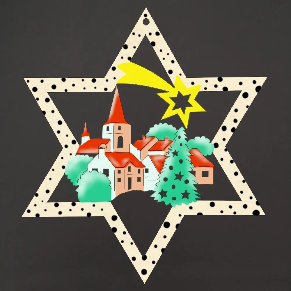 AMADEA Drevená ozdoba farebná hviezda dedinka 9 cm, český výrobok