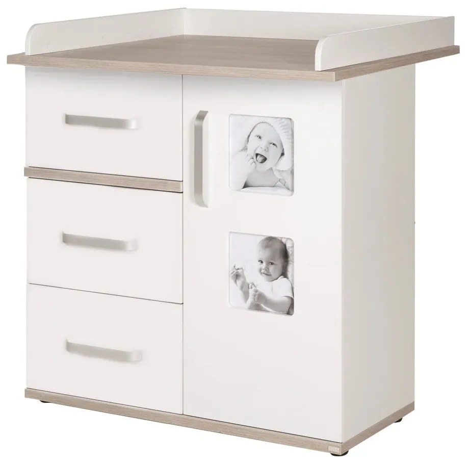 Biela vysoká detská komoda v dekore brestu s prebaľovacím pultom 94x102 cm Moritz – Roba