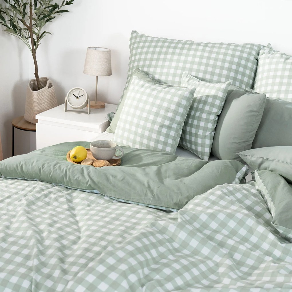 Goldea bavlnené posteľné obliečky duo - kocky so šalviovo zelenou 140 x 220 a 70 x 90 cm