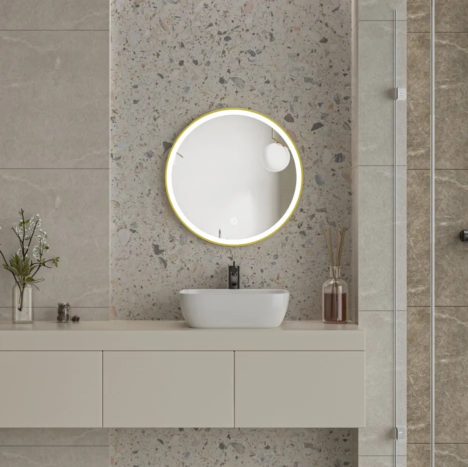 Erga Olivia, okrúhle LED zrkadlo 60cm, zlatý kovový rám, 1380 lm, 6500K, predné osvetlenie, ERG-V01-202-6060-GD