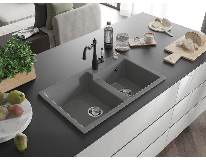Mexen Tomas, granitový drez 800x500x190 mm, 2-komorový a drezová batéria Carla, šedá, 6516-71-670700-70