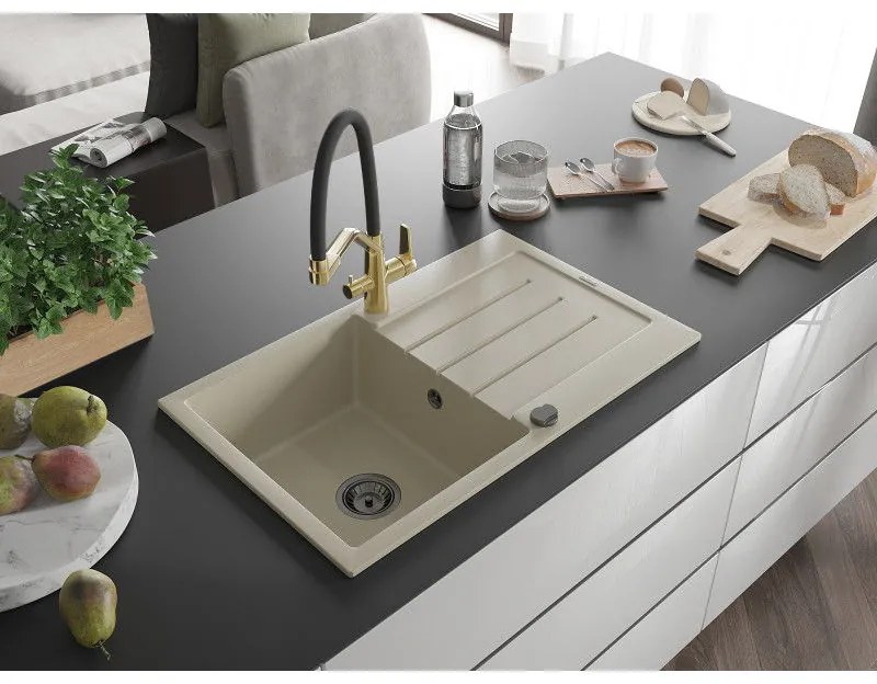 Mexen Bruno, 1-komorový granitový drez 795x495x200 mm a drezová batéria Duo, béžová, 6513-69-671701-57-B