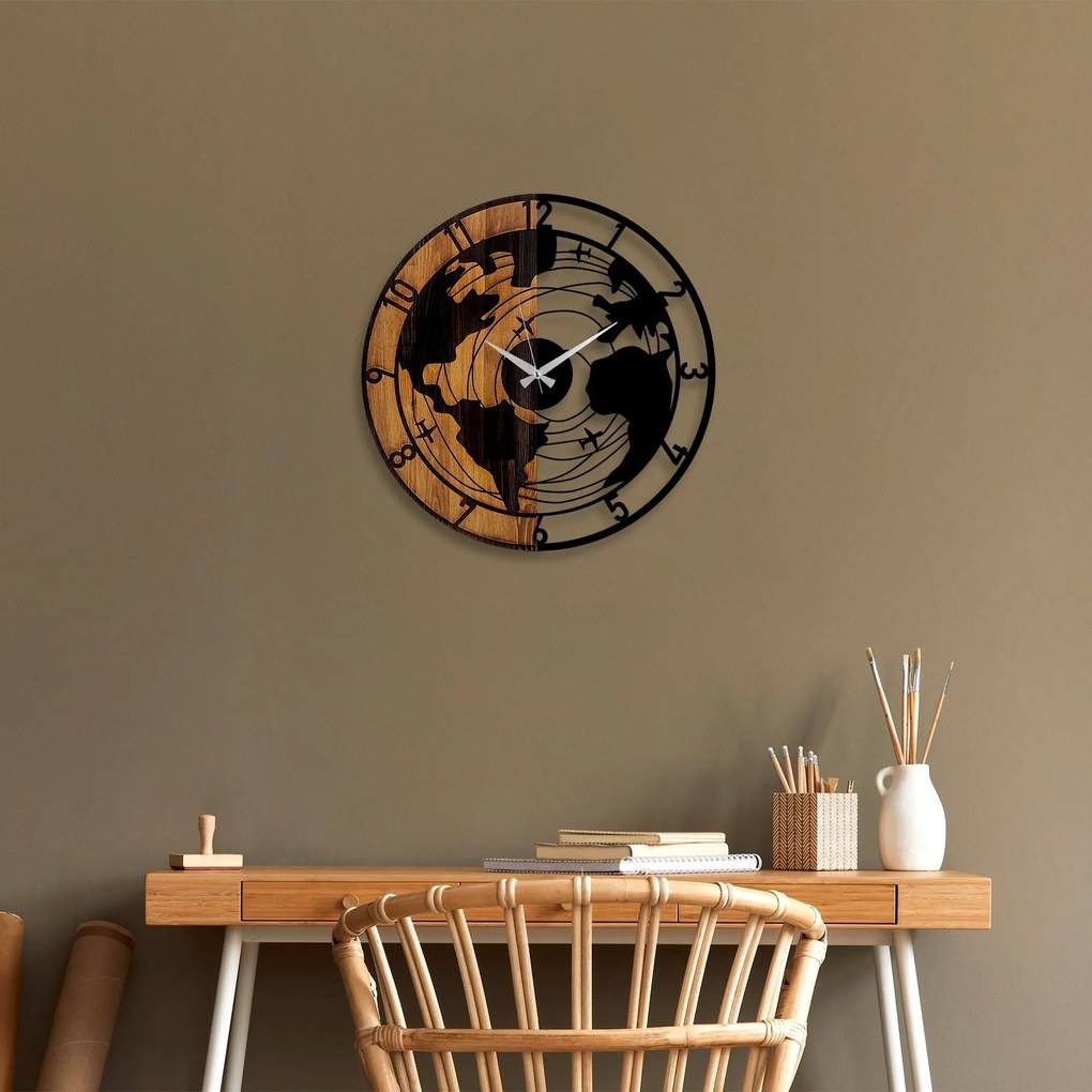 Dekoratívne nástenné hodiny WALLIE WOODEN WORLD MAP 56 cm orech/čierne