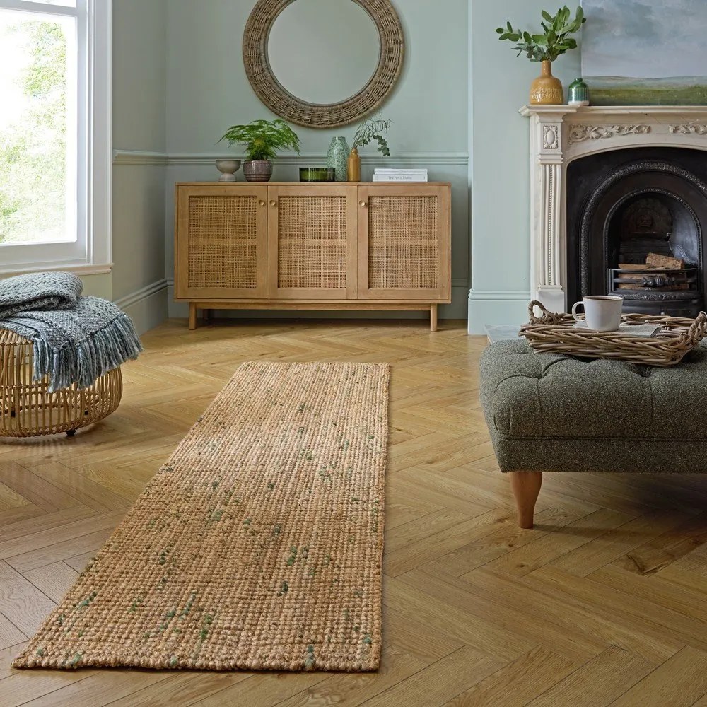 Obojstranný ručne tkaný jutový behúň v zeleno-prírodnej farbe 60x230 cm Jute Boucle Green – Flair Rugs