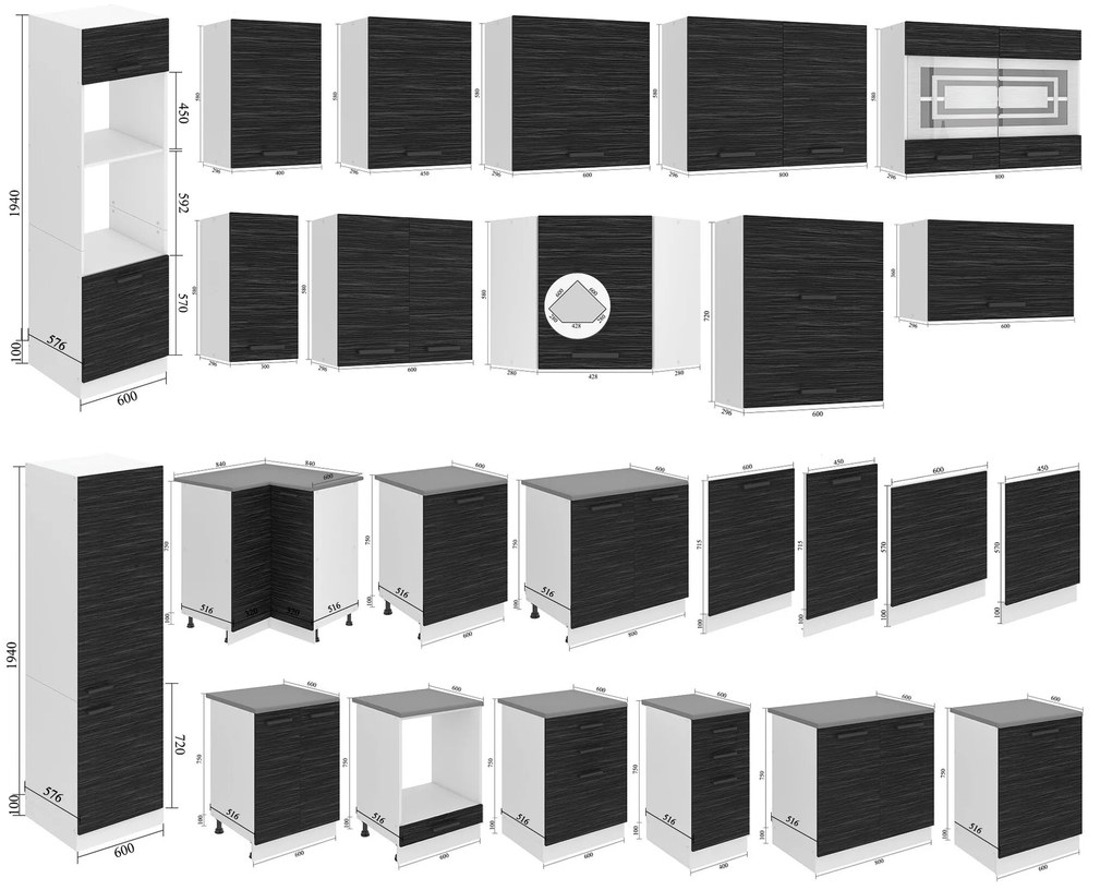 Kuchynská skrinka Belini Premium Full Version spodná rohová 90 cm eben kráľovský s pracovnou doskou