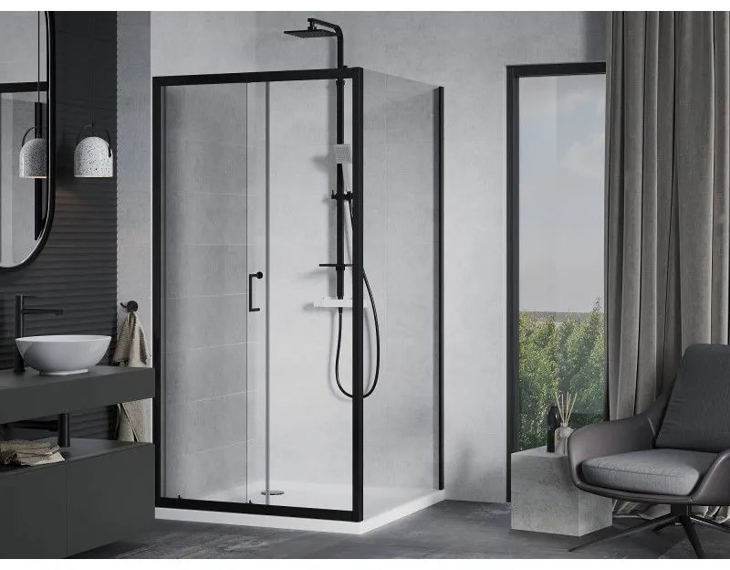 Mexen Apia, sprchový kút s posuvnými dverami 100 (dvere) x 100 (stena) cm, 6mm číre sklo, čierny profil + biela sprchová vanička, 840-100-100-70-00-4010B