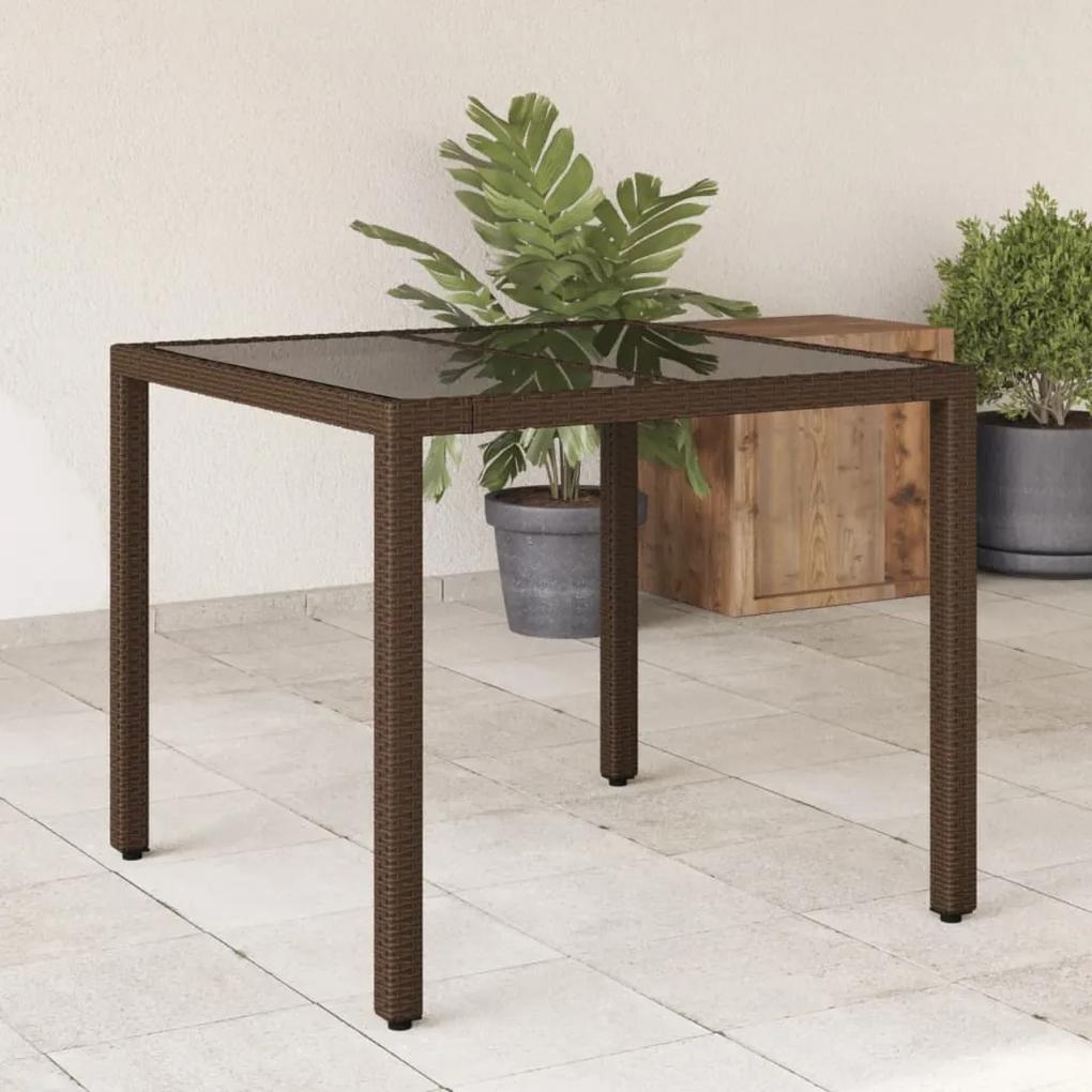 Záhradný stôl so sklenenou doskou, hnedý 90x90x75 cm, polyratan 365528
