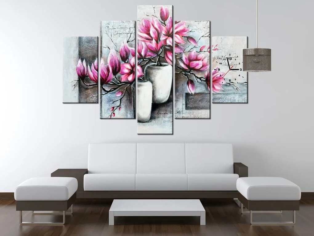 Gario Obraz s hodinami Ružové magnólie vo váze - 5 dielny Rozmery: 150 x 70 cm