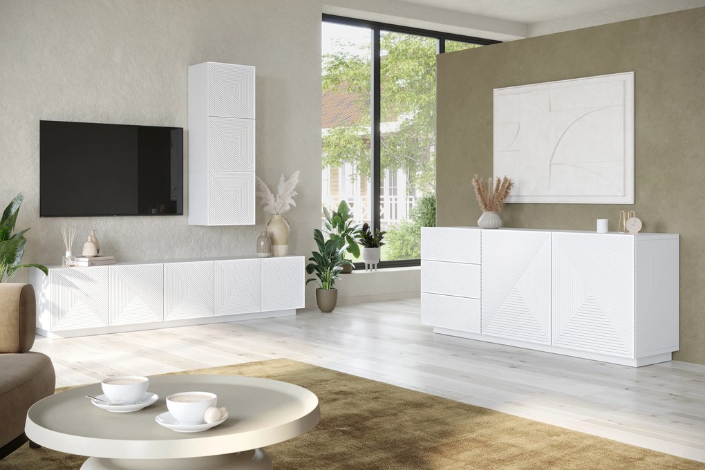 TV stolík Asha 200 cm na sokli - biely mat
