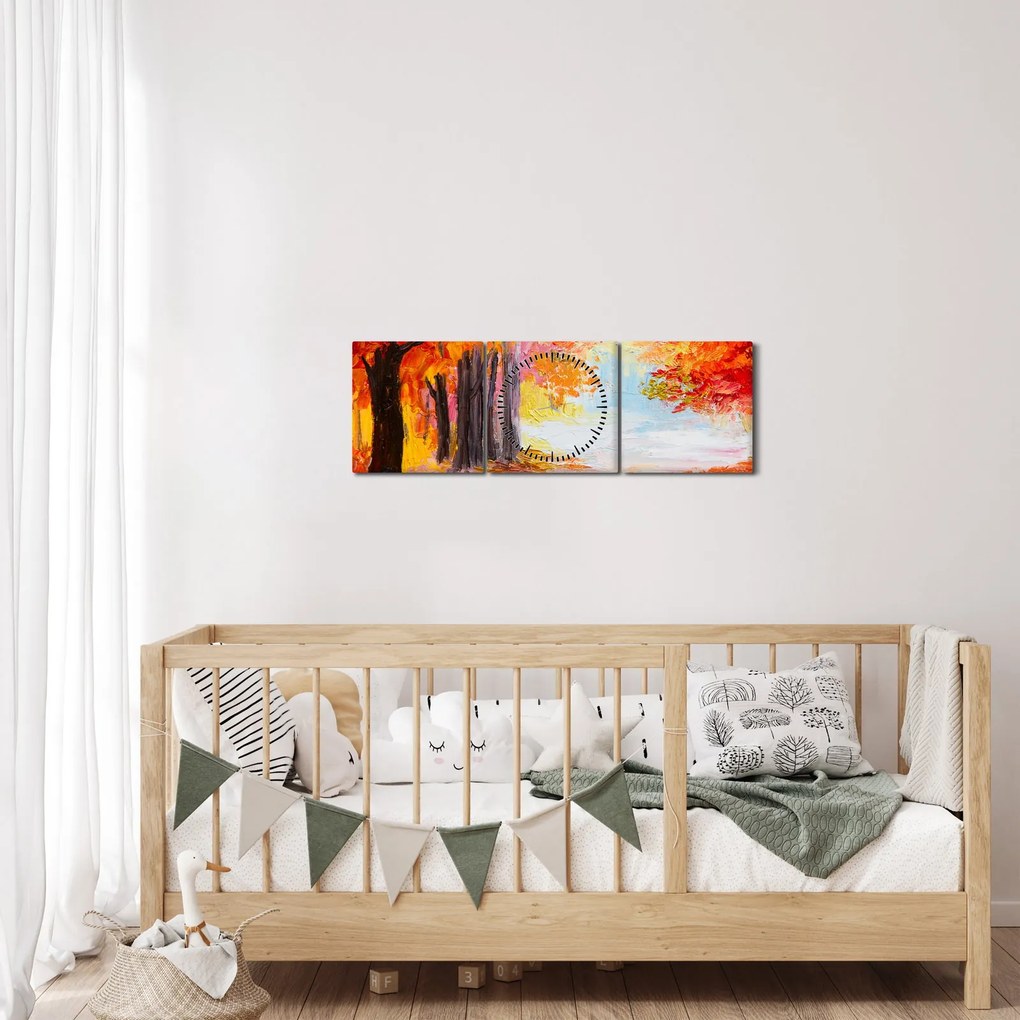 Obraz - Olejomaľba, farebná jeseň (s hodinami) (90x30 cm)