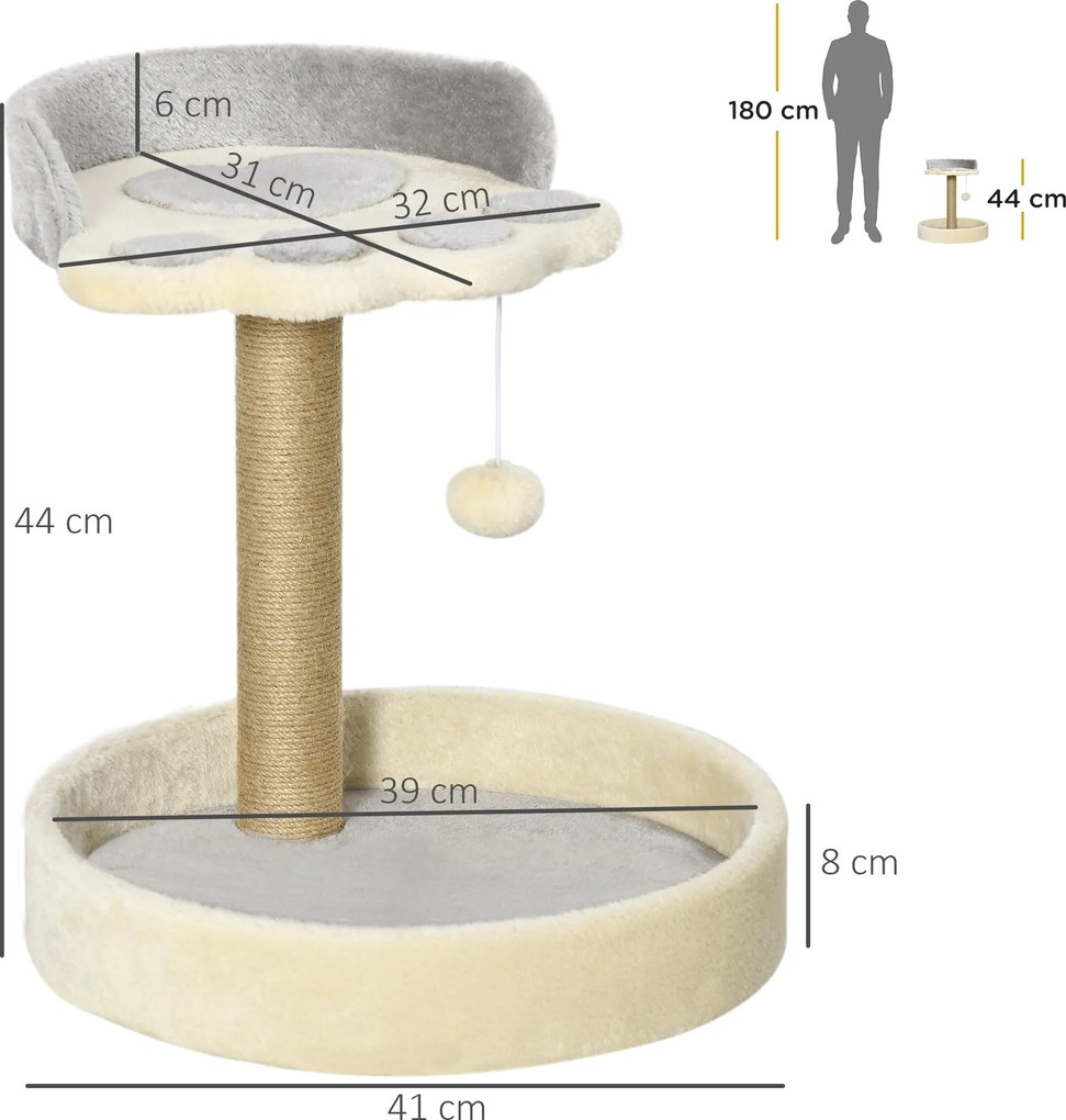 PawHut Cat Scratching Post Tree v tvare labky s 2 platformami a zaveseným plyšovým pomponom - Šedá | Aosom