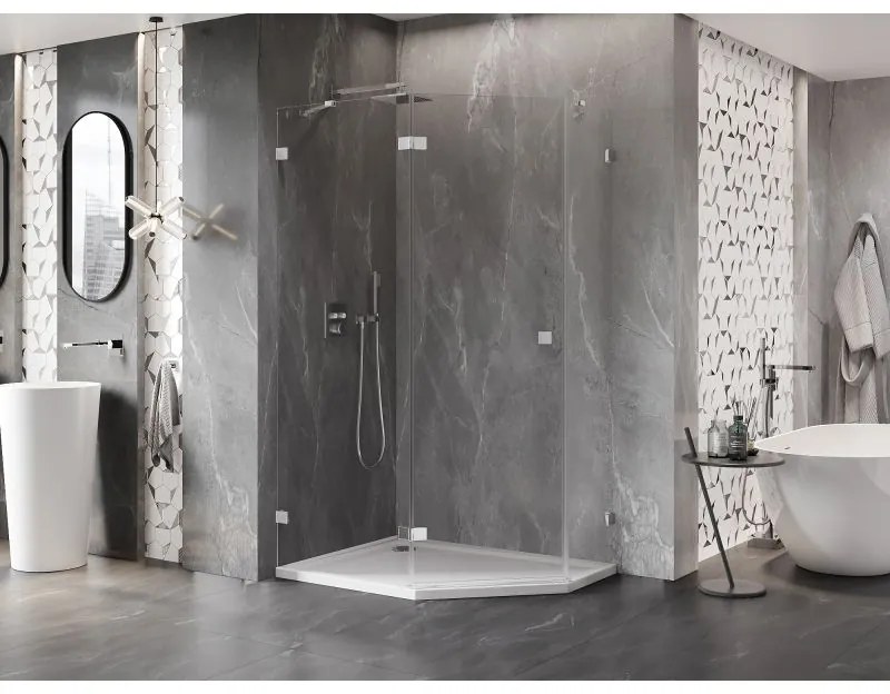 Mexen Lunar, päťuholníkový sprchový kút naklápací doľava 90 x 80 cm, 8mm číre sklo, chrómový profil, 831-090L-080P-01-00-L