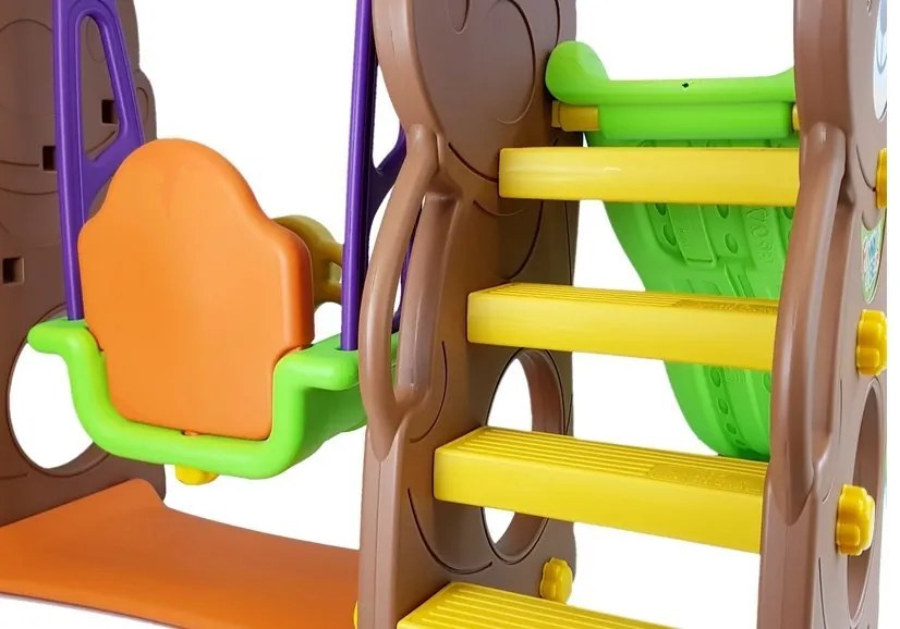 LEAN TOYS Záhradná súprava šmýkačka, hojdačka, kôš medveď hnedý