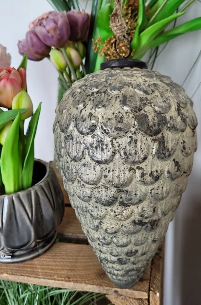 Šedo-strieborná anik sklenená vianočná ozdoba v tvare šišky XL - Ø 15*25 cm