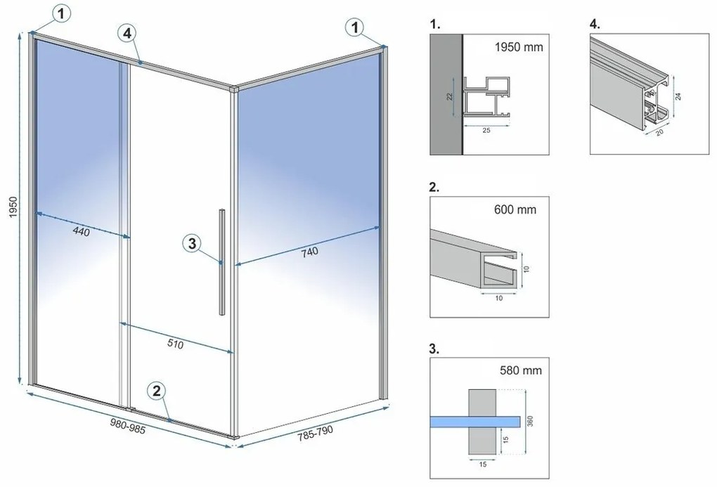 Rea Solar, sprchovací kút s posuvnými dverami 100(dvere) x 80(stena) x 195 cm, 6mm číre sklo, zlatý matný profil, REA-K9509
