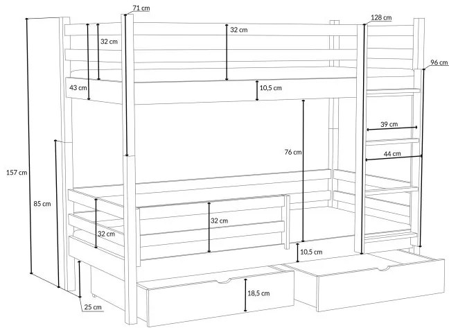 Detská poschodová posteľ z masívu borovice LEGEND PLUS so šuplíkmi - 200x90 cm - PRÍRODNÁ BOROVICA