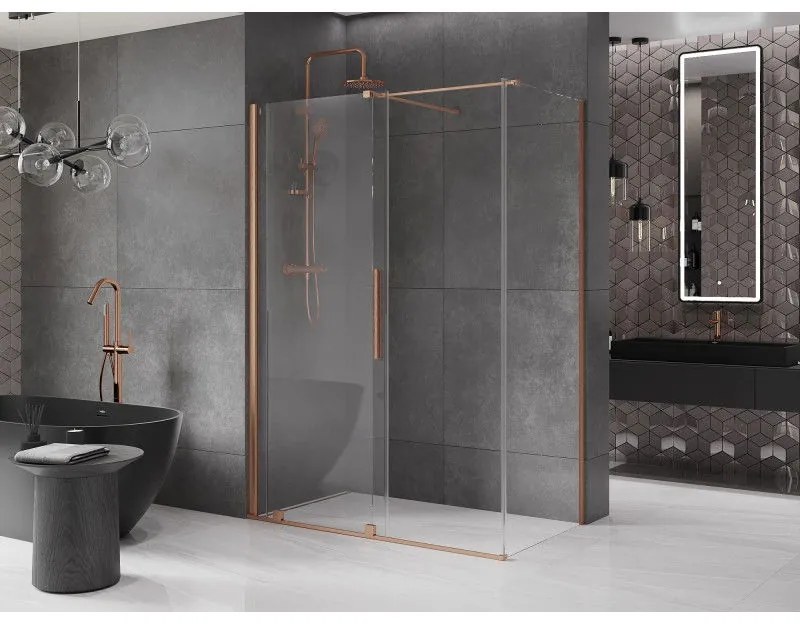Mexen Velar, sprchový kút s posuvnými dverami 140(dvere) x 85(stena) cm, 8mm číre sklo, medená matná, 871-140-085-01-65