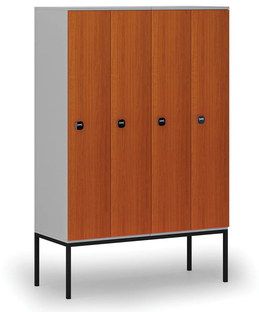 Drevená šatníková skrinka s podnožou, 4 oddiely, 1871 x 1200 x 500 mm, RFID zámok, sivá/čerešňa