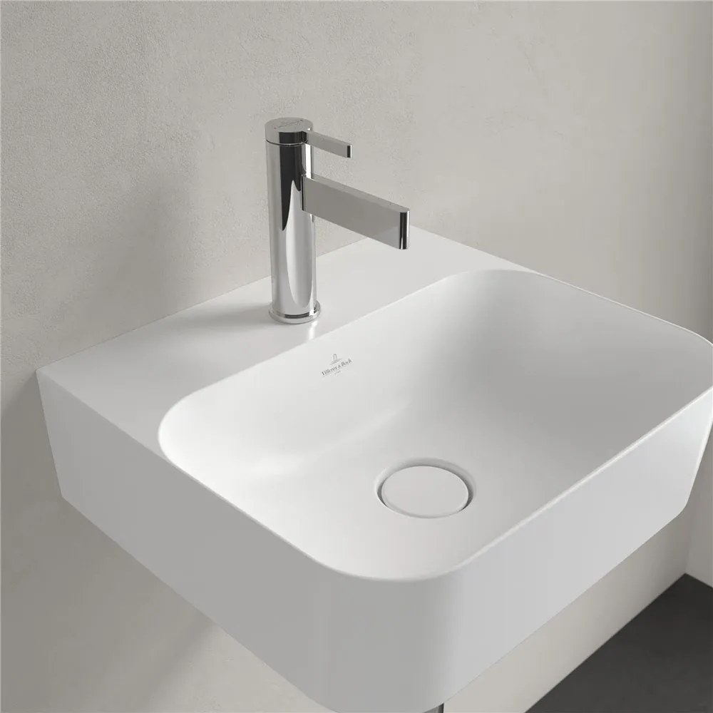 VILLEROY &amp; BOCH Finion závesné umývadielko s otvorom, so skrytým prepadom, 430 x 390 mm, Stone White, s povrchom CeramicPlus, 436444RW