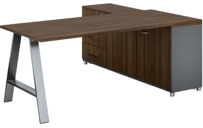 Rohový kancelársky písací stôl PRIMO STUDIO, skrinka vľavo, 1800 x 800 mm, sivá / orech