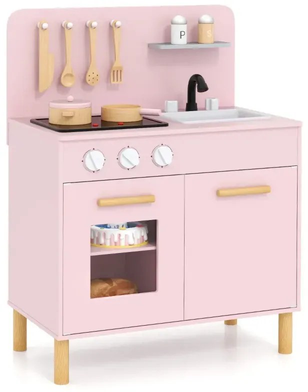 Drevená detská kuchynka s 10 doplnkami Kuchynka na hranie so svetlom a zvukom Kuchynka ružová