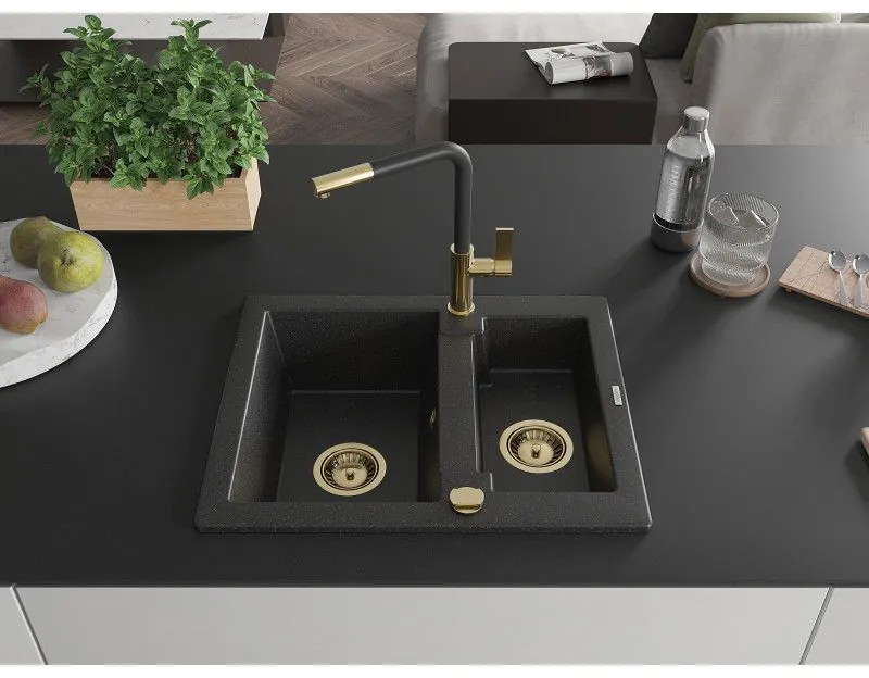 Mexen Carlos, 1,5-komorový granitový drez 582x475x177 mm a drezová batéria Flora, čierna-strieborná metalíza, 6518-73-670401-57-G