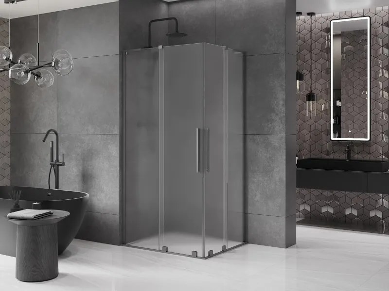 Mexen Velar L Duo, sprchový kút s posuvnými dverami 100 x 90 cm, 8mm sklo námraza, brúsený grafit, 871-100-090-02-33-66
